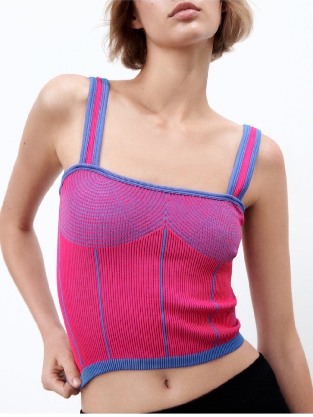ZARA Pink Blue Ribbed Knit Corset Crop Top Y2K Bustier Tank Colorblock XS